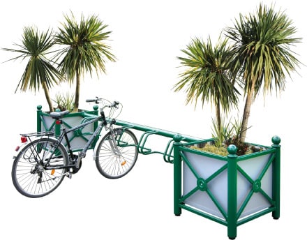 Support cycles JARDIVELO pour vélo aménagement urbain entre deux jardinières mobilier pour collectivités